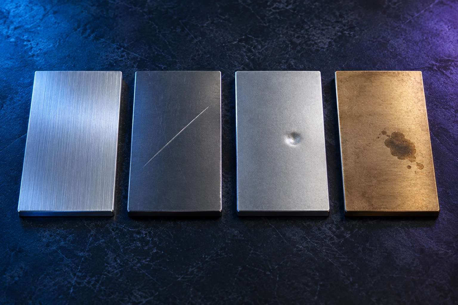 Four metal surfaces showing normal texture, a scratch, a dent and a stain