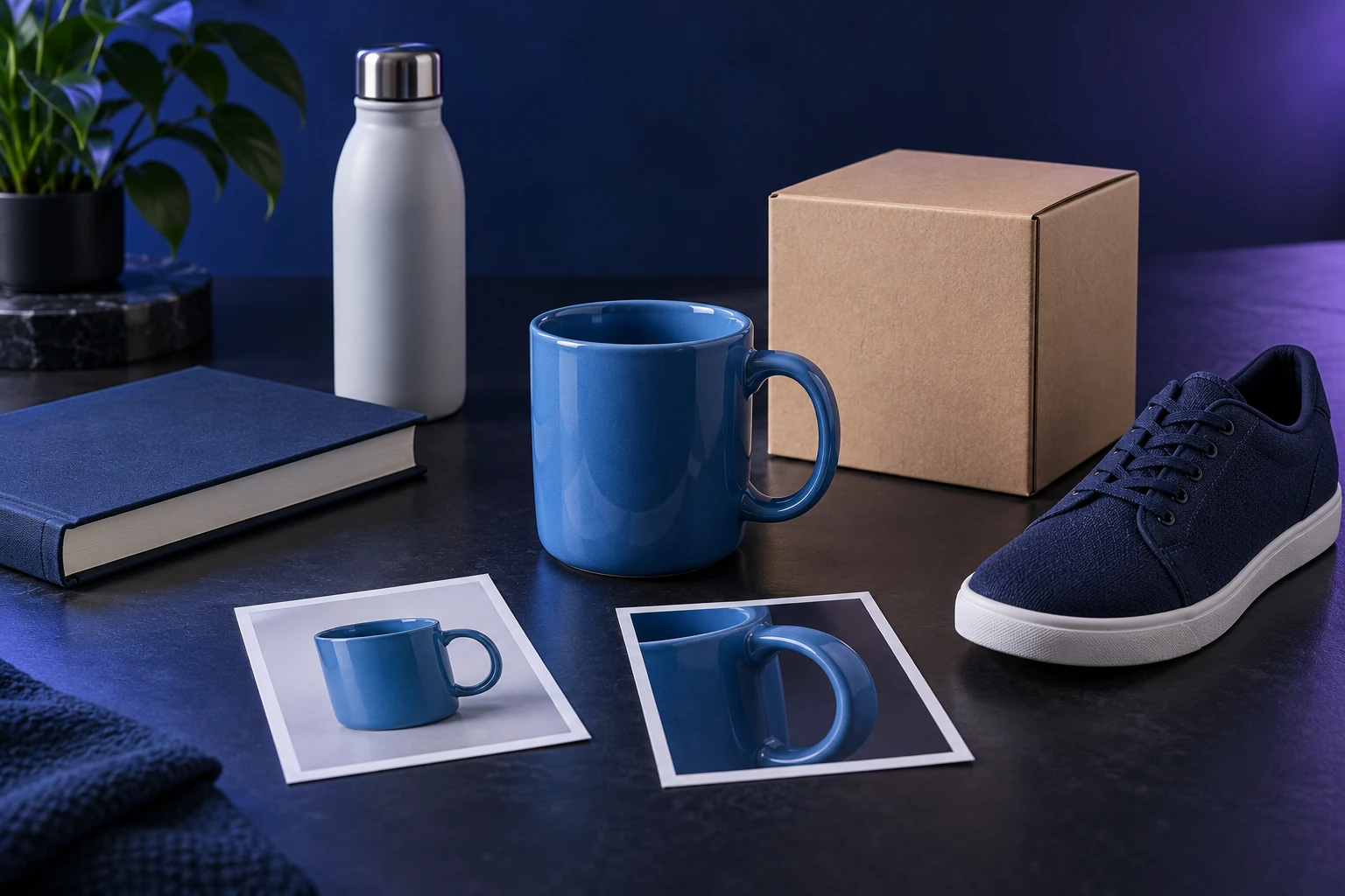 A mug, its detail photographs and packaging beside other product categories