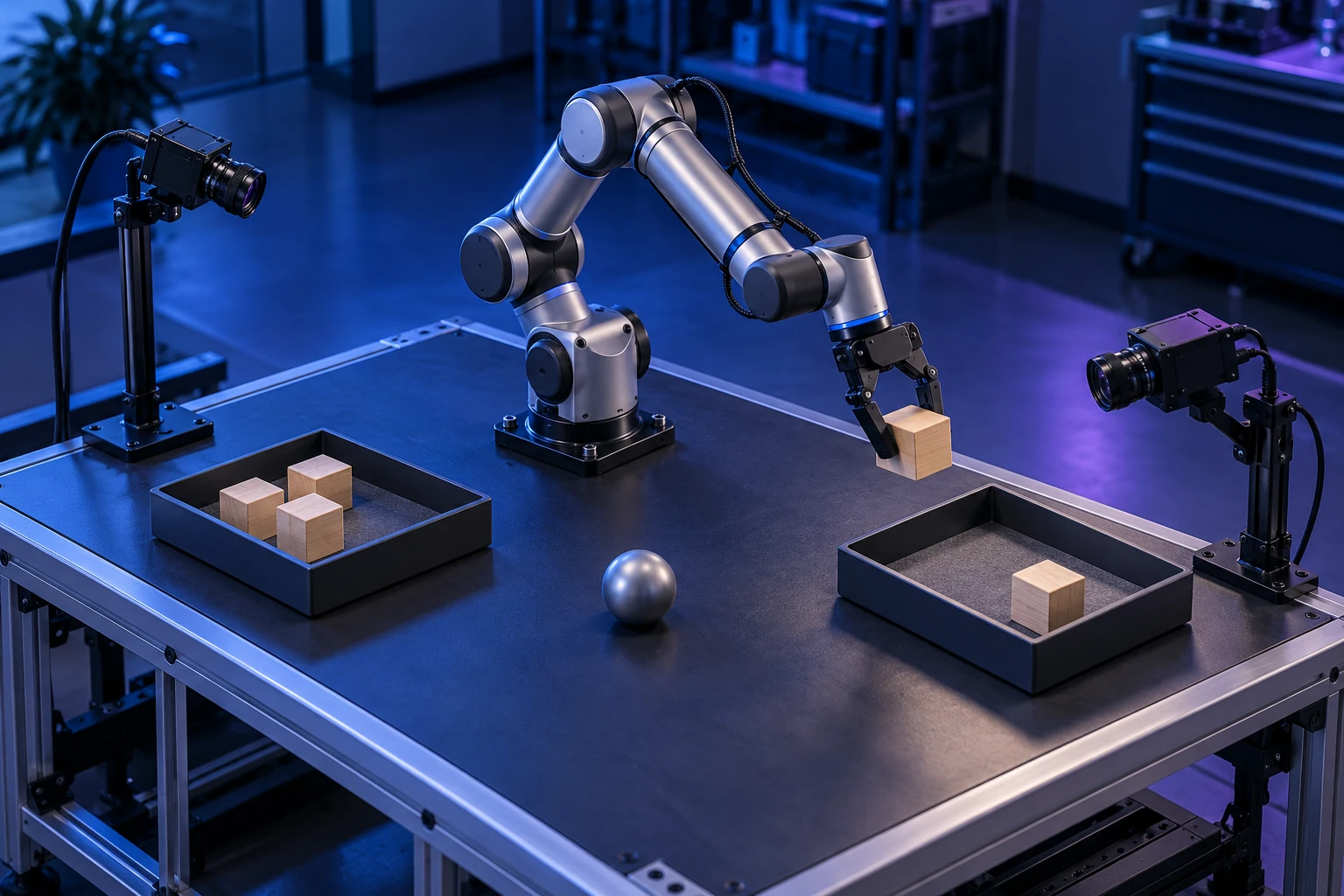 Two cameras observing a robot arm transferring an object between trays