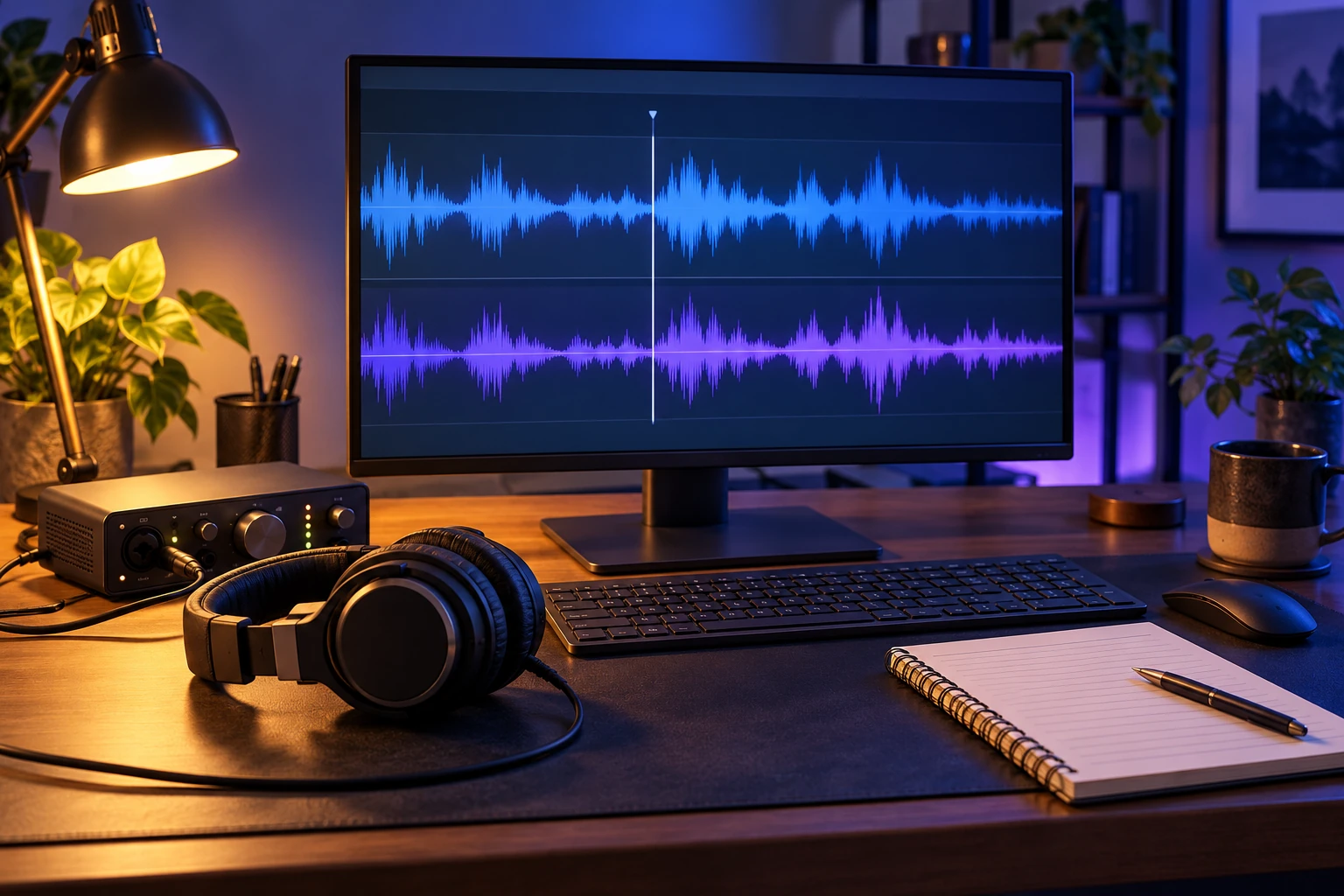 Audio waveforms, headphones and a transcription review desk